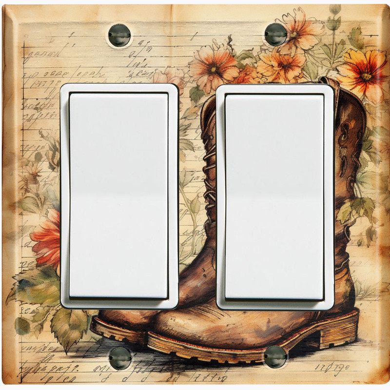 Couvercle de plaque d'interrupteur en métal; Bascule GFI de taille standard US à 2 bandes - Bottes de cowboy occidentales florales rustiques
