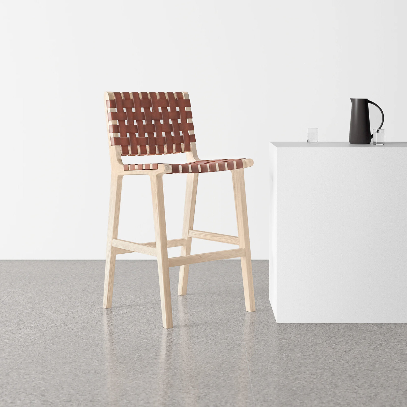 Alston Leather Stool, Cognac Leather/Natural Unfinished Frame, Counter Stool (27.16" Seat Height)