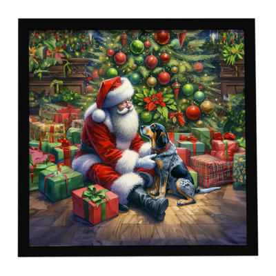 Bluetick Hound and Santa Claus, reproduction d'art encadrée
