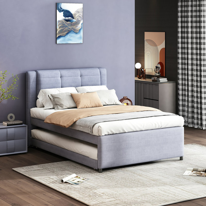 Lit plateforme tapissier avec lit gigogne pouvant être plat ou érigé, Beige