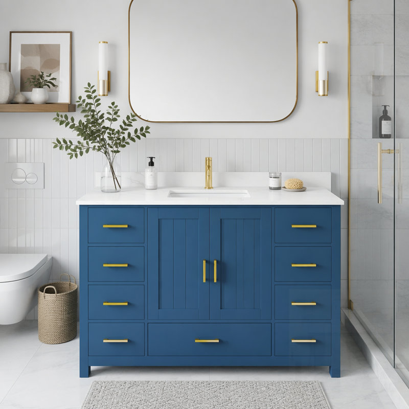 Meuble-lavabo moderne en bois massif avec lavabo, plateau en quartz, portes à fermeture en douceur et tiroirs spacieux, Blue