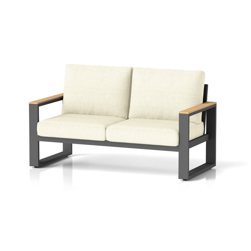 52" Aluminum 2‑Person Outdoor Sofa for All Weather, Metal Patio Sofa with Wood Armrest for Skin-friendly Touch, Outdoor Loveseat with Removable Cushions for Backyard, Garden, Deck