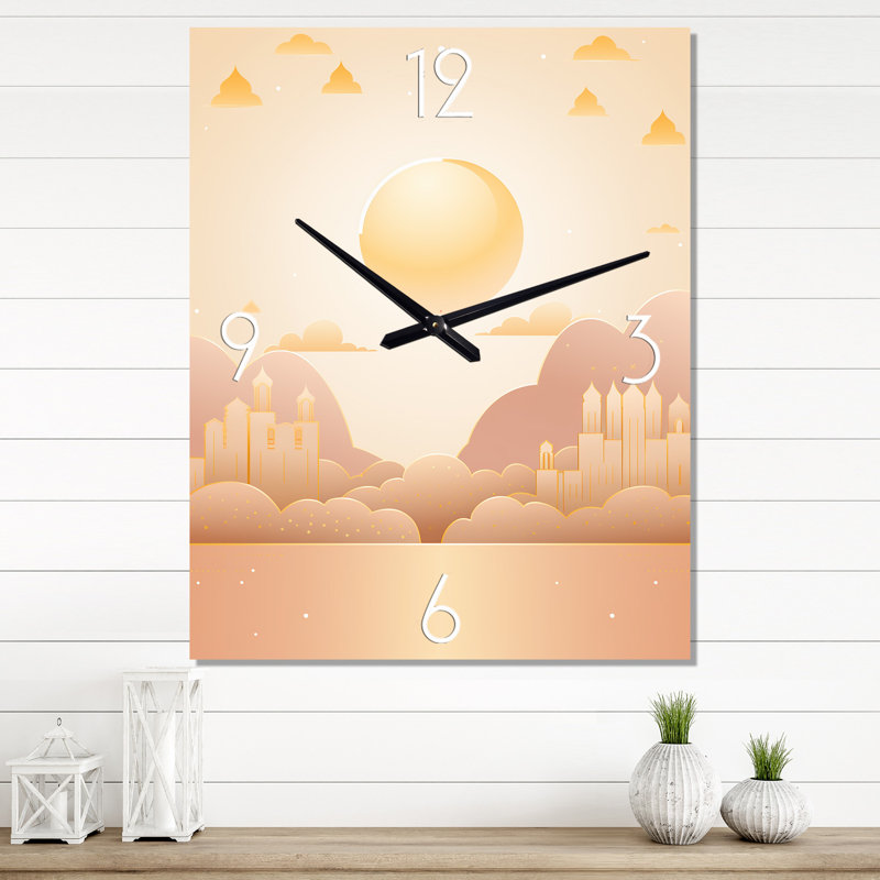 Charmante ville orientale bohème rétro pastel I - horloge murale moderne abstraite, H 28 po x l 12 po x P 1 po