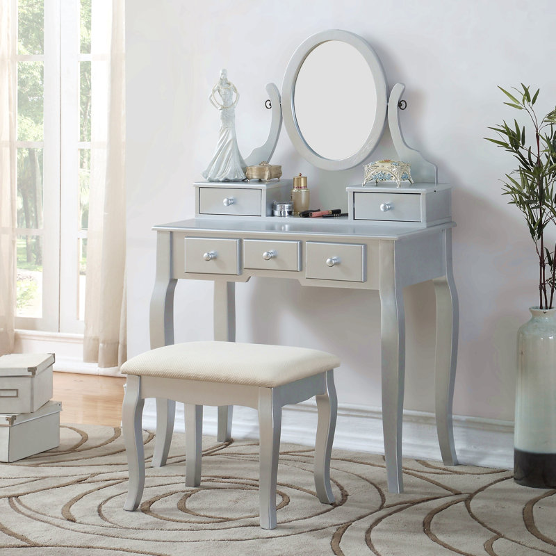 Ensemble coiffeuse et tabouret en bois, Argent