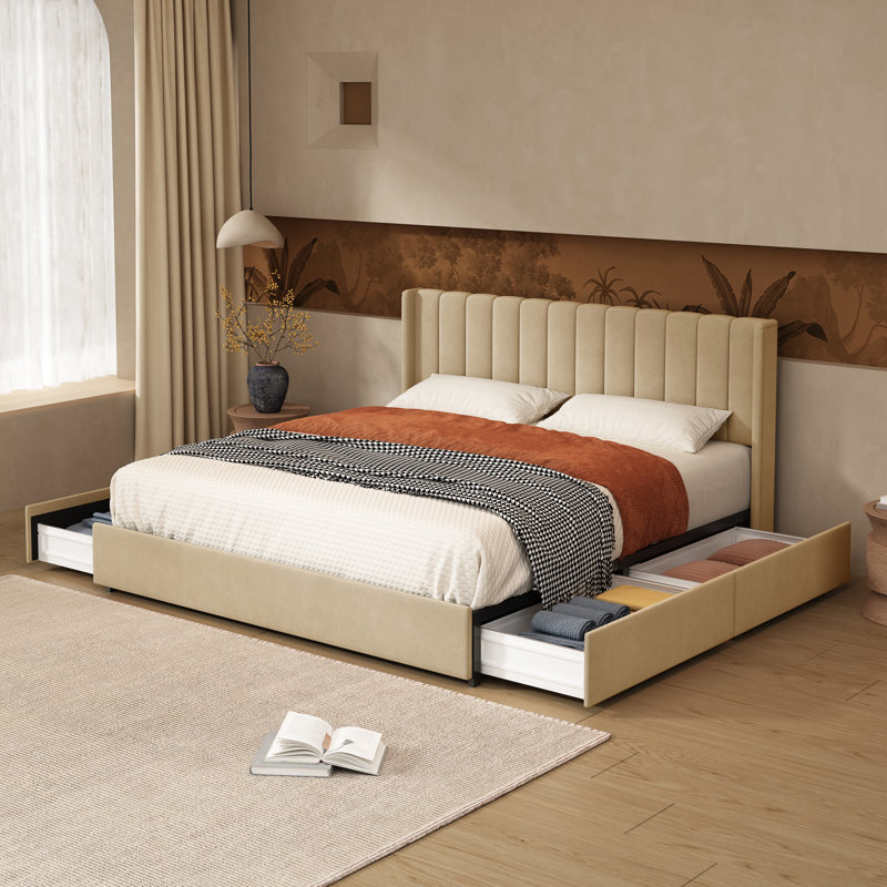 Jeilyn Upholstered Platform Drawer Storage Bed, Pale Gold, King