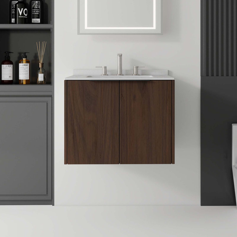 Meuble-lavabo flottant avec comptoir en marbre de culture et portes à fermeture en douceur, Brun