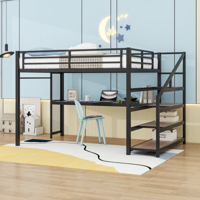 Lit mezzanine en métal avec bureau, escalier de rangement, lumières DEL et ports USB