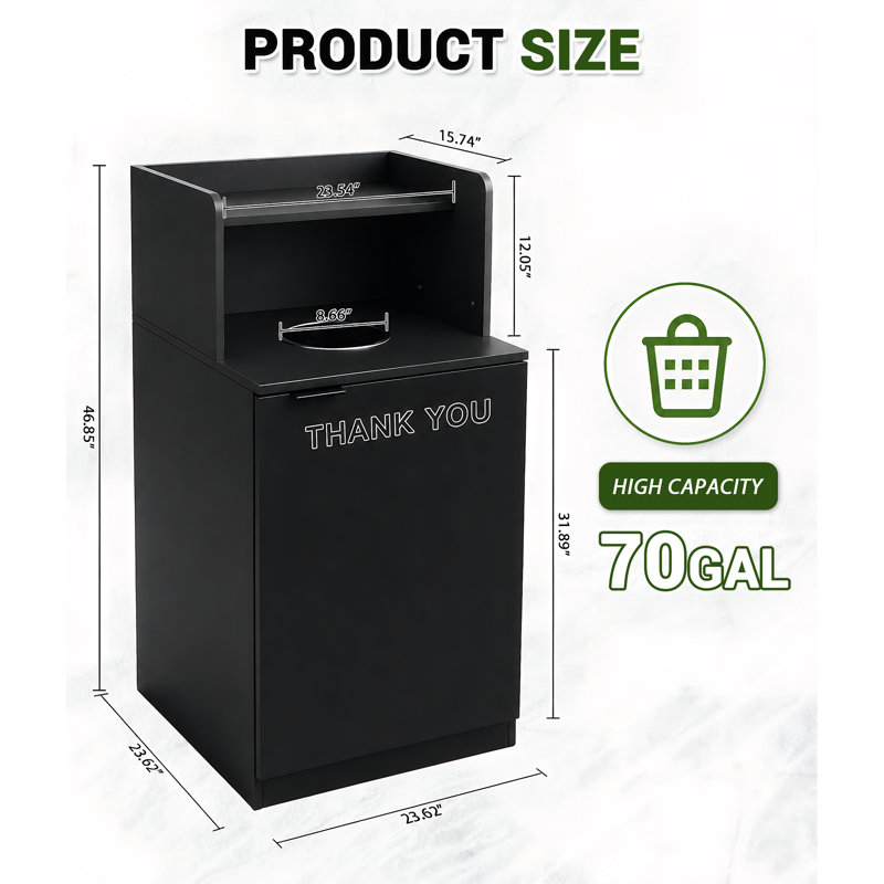 Enceinte commerciale en bois avec poubelle en acier inoxydable de 8,7 po, poubelle autoportante, noir, Noir