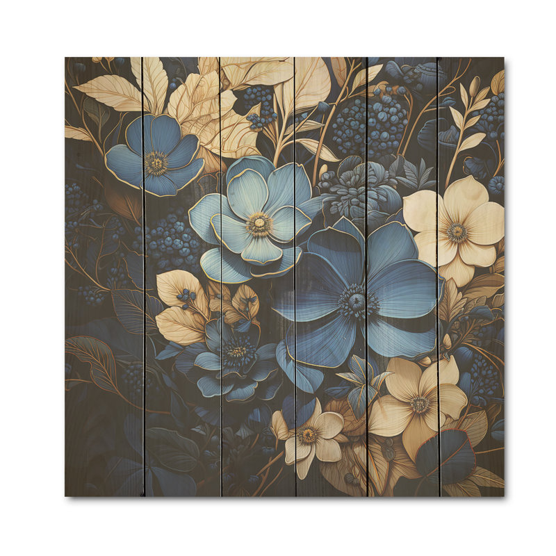 Adhésif bleu et violet doré - Violettes, art mural sur bois de pin naturel, H 15 po x l 15 po