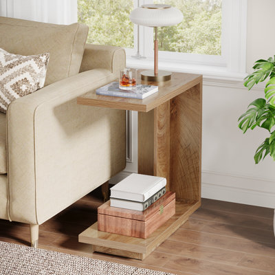 C-Shaped Side Table, 2-Tier Narrow End Table Wood Bedside Table Nightstand