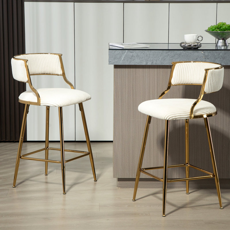 Tabouret de bar 26 po à hauteur de comptoir en velours côtelé avec dossier, base dorée et repose-pieds, Blanc, Doré