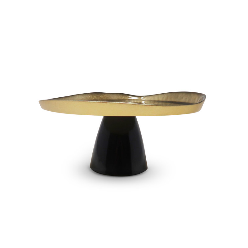 Organic Shaped Cake Plate with Gold Detail, 8.25" W x 6" H x 8.25" D, Black/Gold