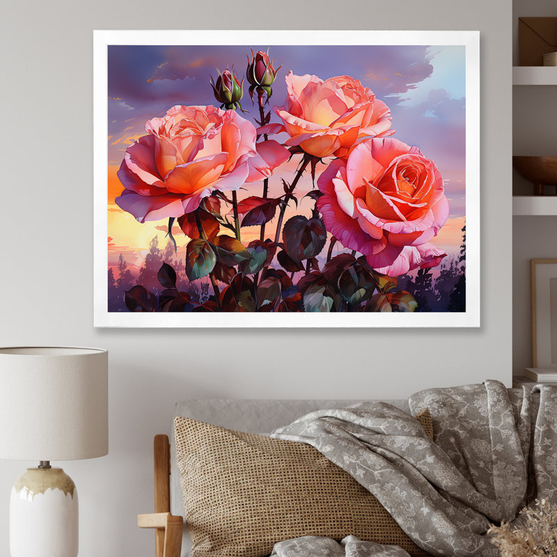 Coral Roses Sunset I, H 12 po x l 20 po x P 1 po, Cadre simple blanc