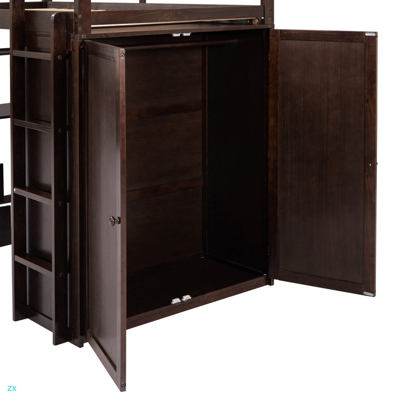 Lit mezzanine simple avec tiroirs, bureau et garde-robe, Lit simple, Espresso