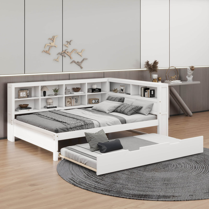 Lit de jour en bois avec lit gigogne et tablette de rangement, Complet/Double, Blanc