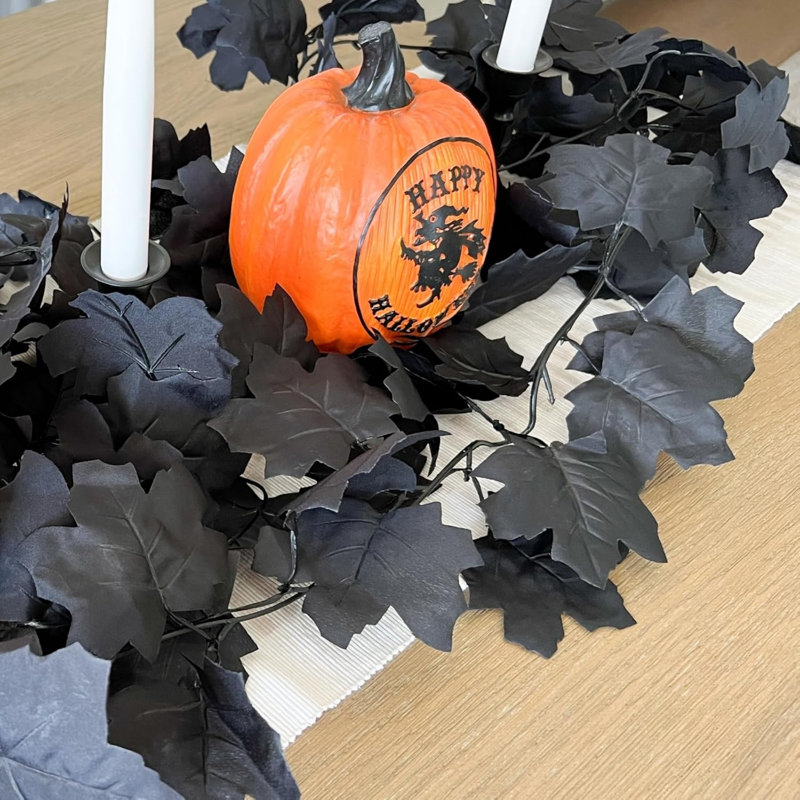 4 Pack Autumn Fall Maple Leaf Garland, 5.9Ft/Piece Artificial Autumn Garland Fall Leaves Hanging Vine Halloween Thanksgiving Decor for Home Fireplace Party (Black)