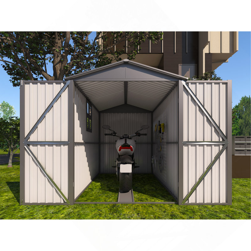 Remise de rangement extérieure pour moto en acier avec fenêtre, rails et accessoires, gris, Gris foncé