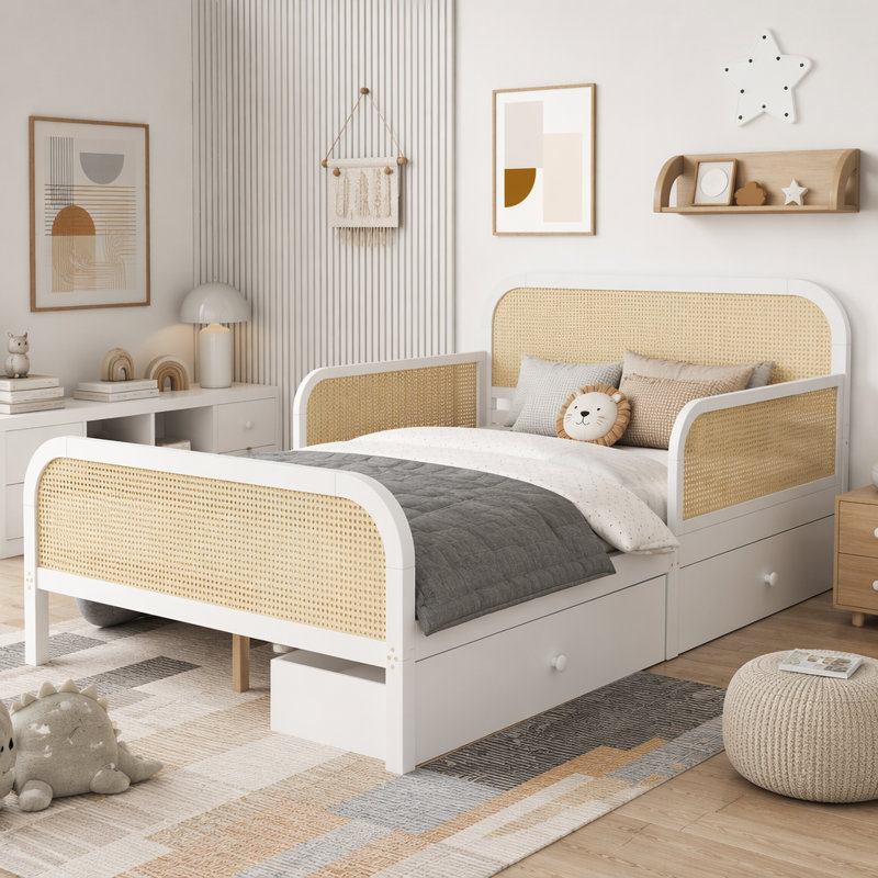 Lit plateforme en rotin avec tête de lit, pied de lit et tiroirs de rangement, Blanc, Double