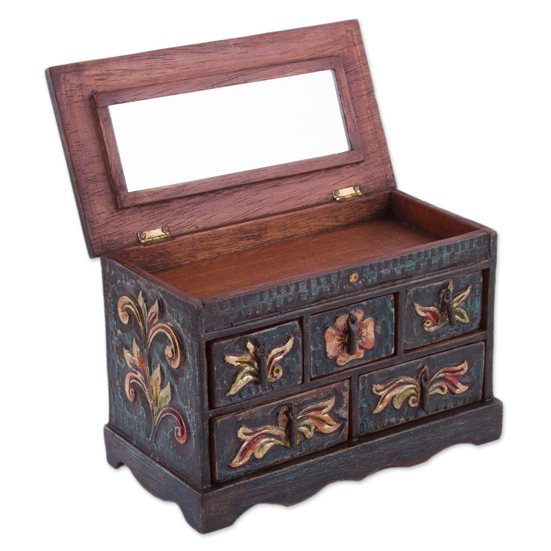 Boîte à bijoux en bois et cuir vintage faite à la main