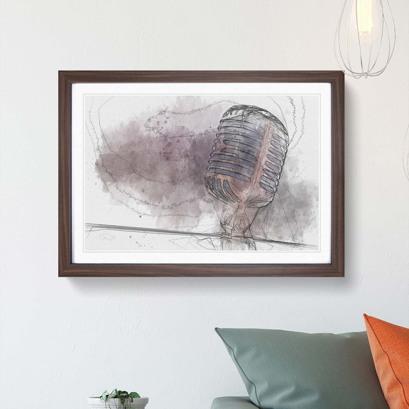 Steel Vocal Microphone - Picture Frame Graphic Art Print, 48cm H x 65cm W x 2cm D, Walnut Framed