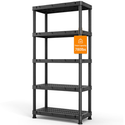 5-Tier Storage Shelves, 660LBS Heavy Duty Plastic Shelving Unit for Garage Kitchen Closet 16.93"D x 35.43"W x 72.05"H, Black