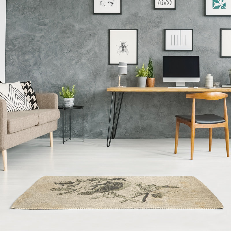 Tapis beige en chenille de oiseau rétro, Rectangle 2 pi x 3 pi