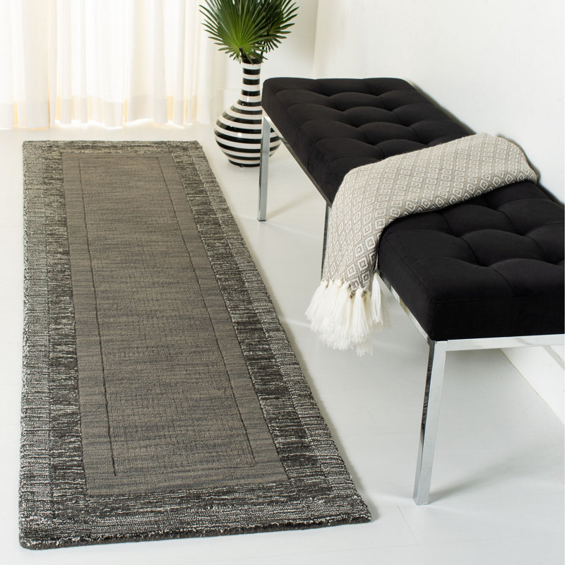 Tapis gris anthracite / bleu en laine crocheté à la main Frederica, Tapis de couloir 2 pi 3 po x 8 pi