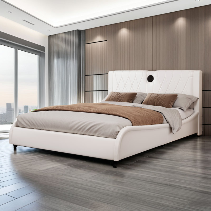 Lit intelligent avec haut-parleurs Bluetooth et lumières RVB - Lit plateforme en similicuir, tête de lit épaissie, aucun sommier nécessaire