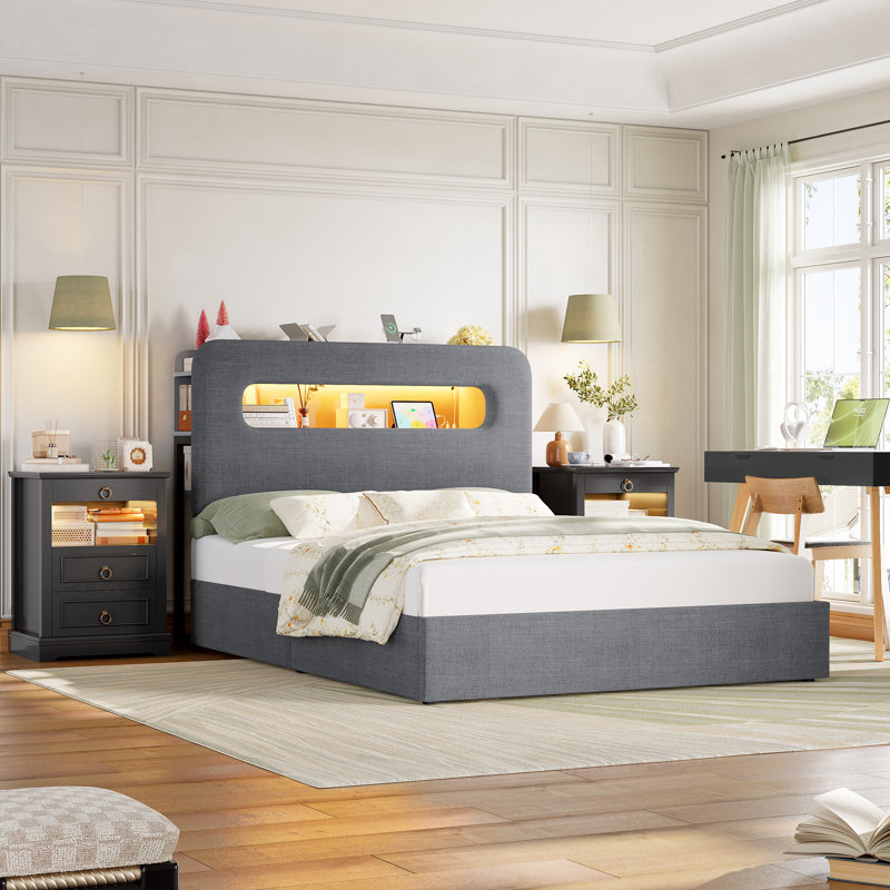 Ensemble de chambre à coucher lumineuse 3 pièces - Lit de rangement à DEL et commodes à DEL avec station de charge, Grand lit