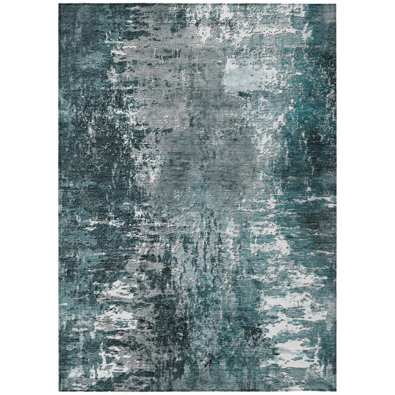 3' X 5' Teal Blue Gray And Charcoal Abstract Washable Indoor Outdoor Area Rug