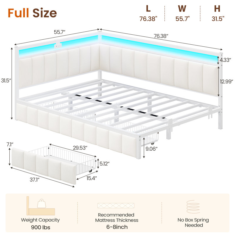 Structure de lit d'angle avec tiroirs de rangement, canapé-lit double avec rails revêtus de tissu métallique, unité de lit avec lumières à DEL et station de charge, structure de lit double moderne (beige)