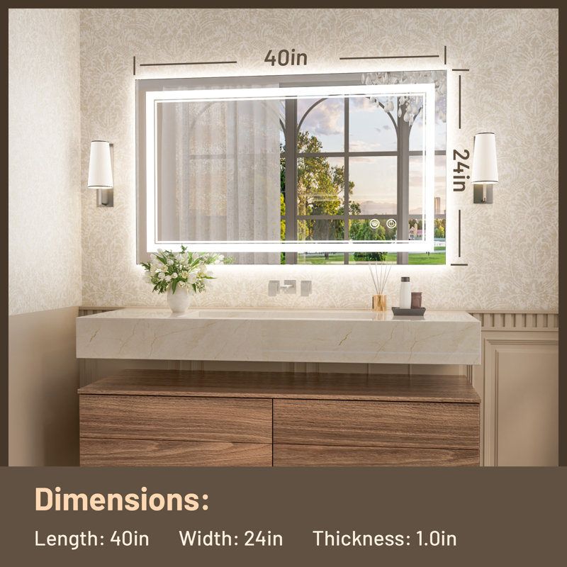 Miroir de salle de bain avec éclairage à DEL à intensité variable et miroir antibuée 3 couleurs Johnn, 40 po x 24 po