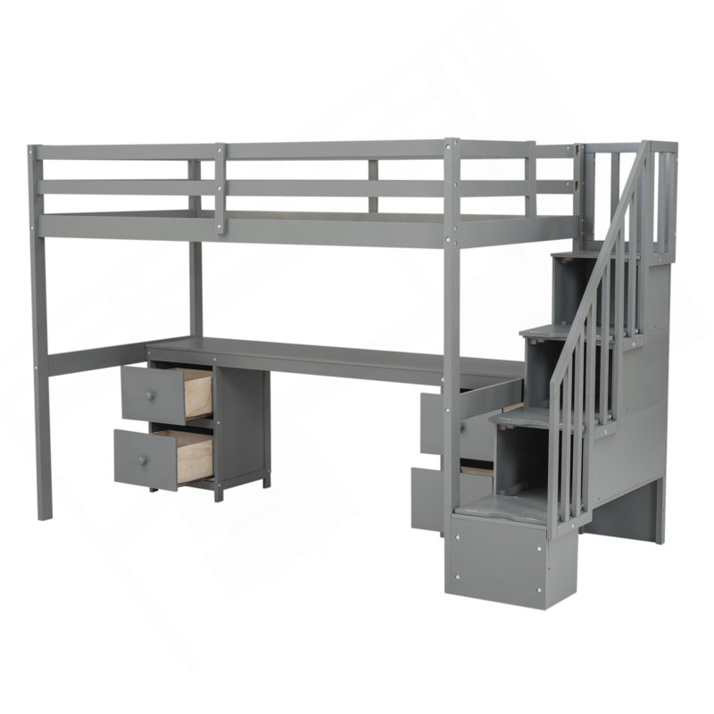 Structure de lit mezzanine simple avec bureau intégré et tiroirs de rangement doubles, gris