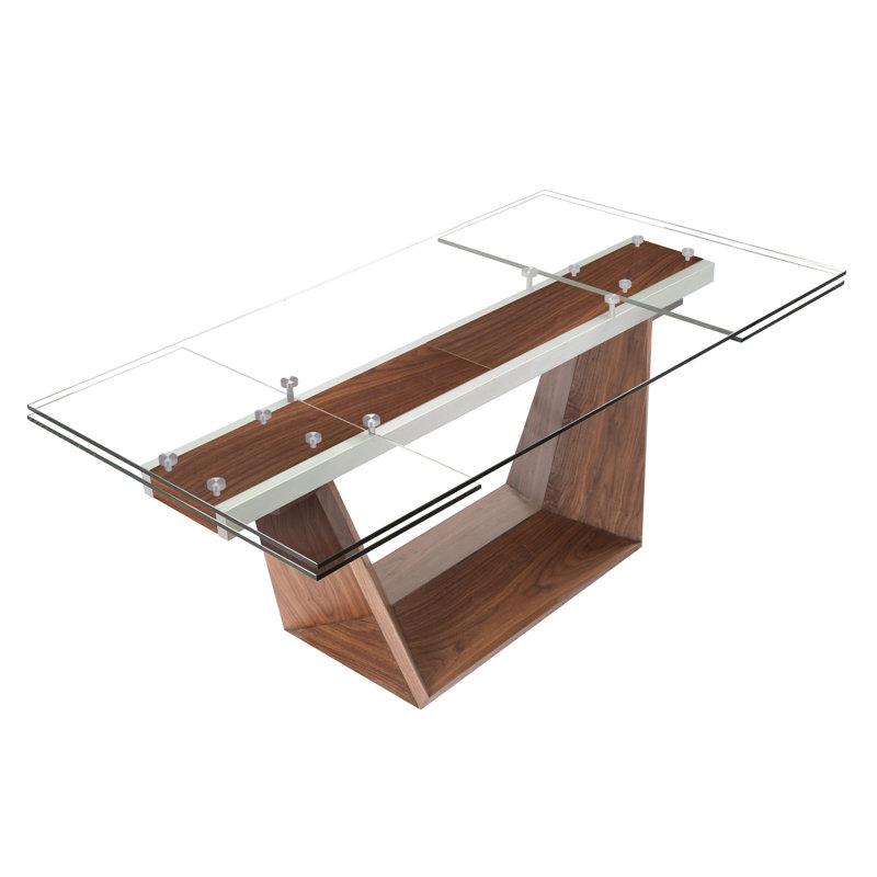 Extendable Glass Top Walnut Veneer Dining Table for Ten