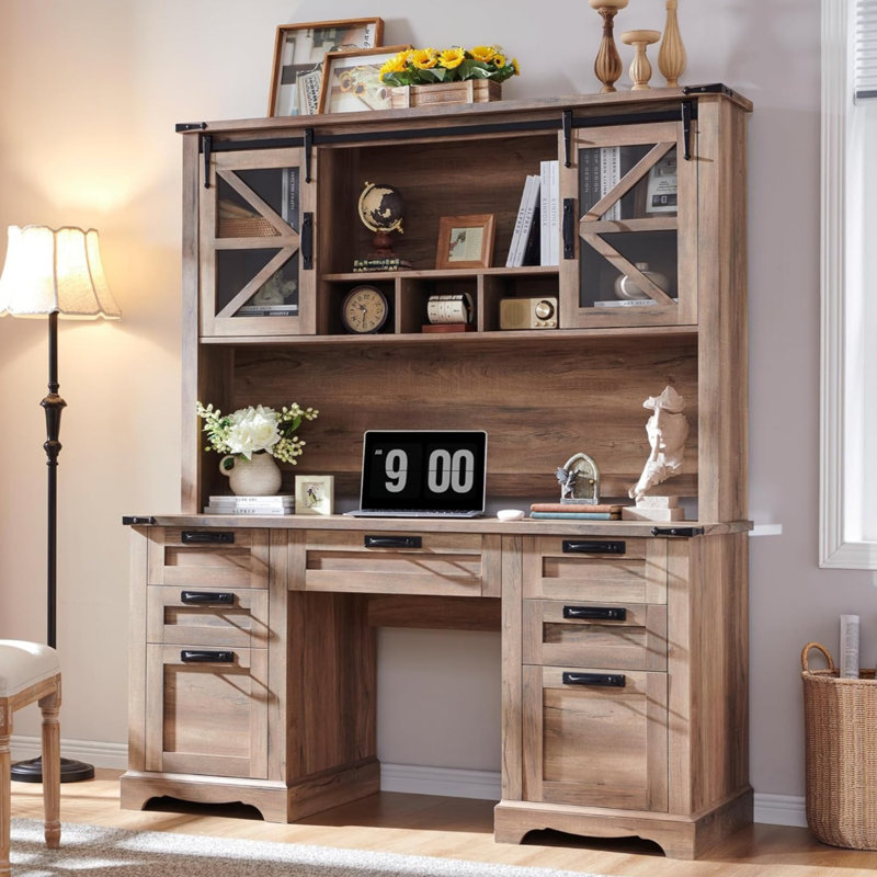 Hirth 60"W Farmhouse Desk With Hutch, Wood Executive Desk With Sliding Barn Doors, 2 Storage Cabinet, Rustic Natural Oak
