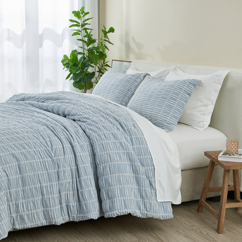 100% Cotton Puckered 3 Pc Reversible Comforter Set with Shams, Fresh White, King