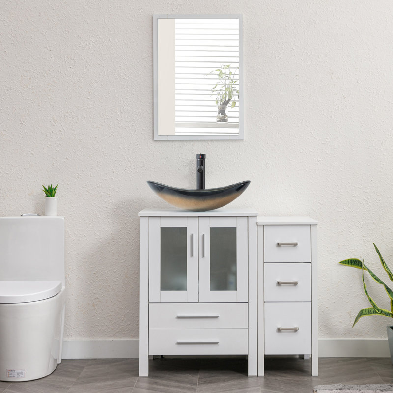 Couleur de la base: blanc; couleur du lavabo: or; meuble-lavabo simple autoportant de 36 po avec comptoir en bois manufacturé, lavabo vasque, robinet, bonde
