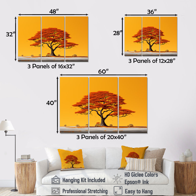 «African Tree Ambiance Savana I» - ensemble d'art mural arbre africain, H 28 po x l 36 po x P 1 po