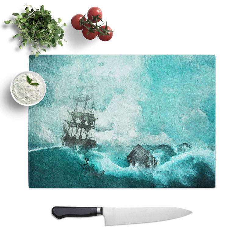 Tempered Glass Pirate Ship Sailing upon a Stormy Sea Chopping Board, 39 cm W x 28.5 cm L