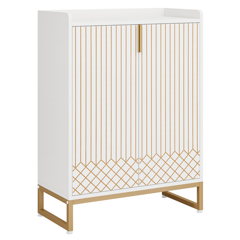 Armoire à chaussures 29,52 pouces blanc et or avec portes, Noyer / doré