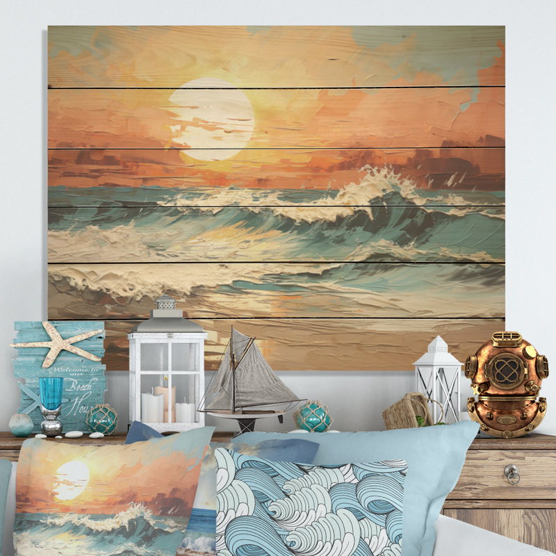 Bold Beach Sunset Scenery I - Coastal Sunset, art mural sur bois de pin naturel, H 10 po x l 20 po