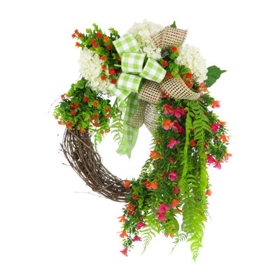 Couronne Harin 31 "avec hortensias, eucalyptus, fougères et arcs