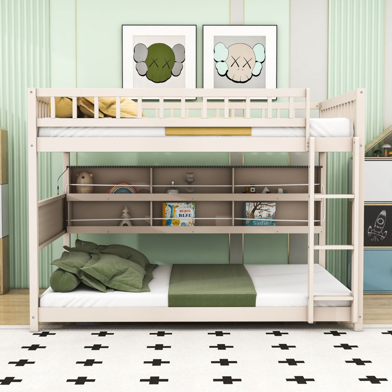 Wooden Bunk Bed with Shelves, LED Lighting and Pegboard Storage, Full Over Full, Beige