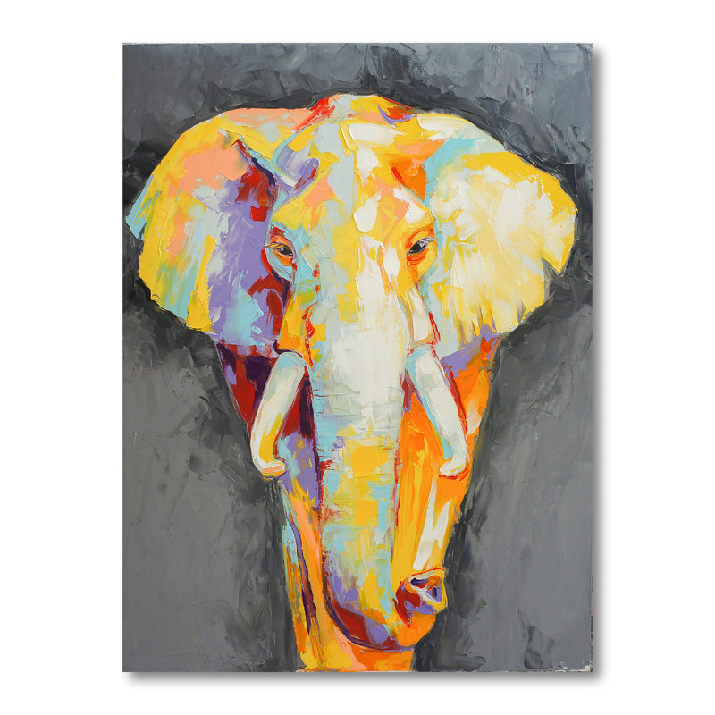 Peinture, portrait d'éléphant II - œuvre d'art moderne sur toile, H 32 po x l 16 po x P 1 po, Toile tendue