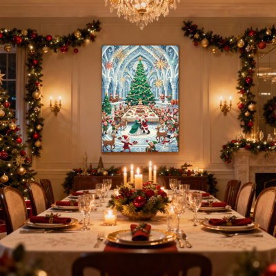 Christmas Christmas Tree Santa Reindeer Elves Snowman Gifts Cathedral Ice Set of 3 Canvas Wall Art Prints