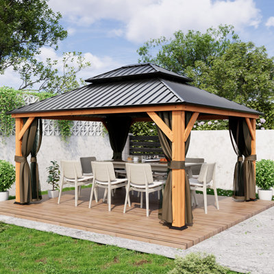 Solid Wooden Patio Gazebo with Double Roof, Netting and Curtains