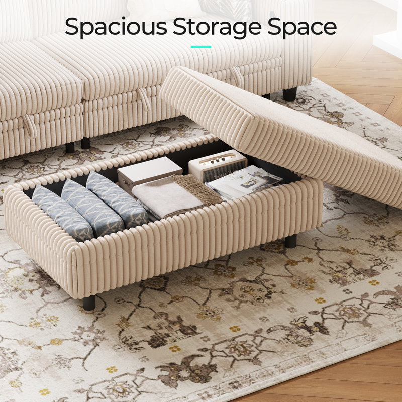 Sherry 40.55'' Upholstered Storage Ottoman with Tray, Effie Beige Corduroy