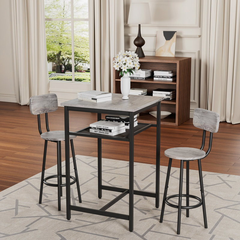 Bar Table, Equipped With 2 Bar Stools , With Backrest And Partition, Grey/Black