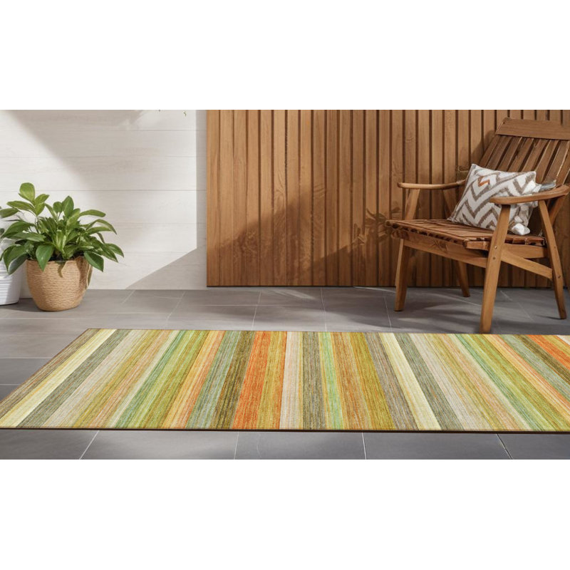 2' X 8' Artichoke Green Striped Washable Non Skid Indoor Outdoor Runner Rug