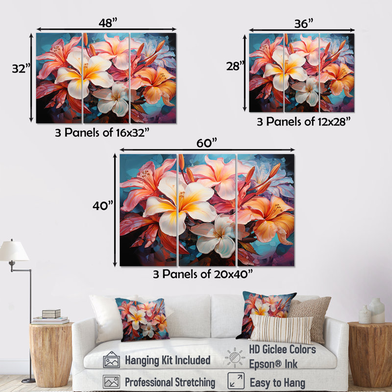 «White and Coral Plumeria Blooming Paradise» - ensemble d'art mural en toile Plumeria, H 40 po x l 60 po x P 1 po